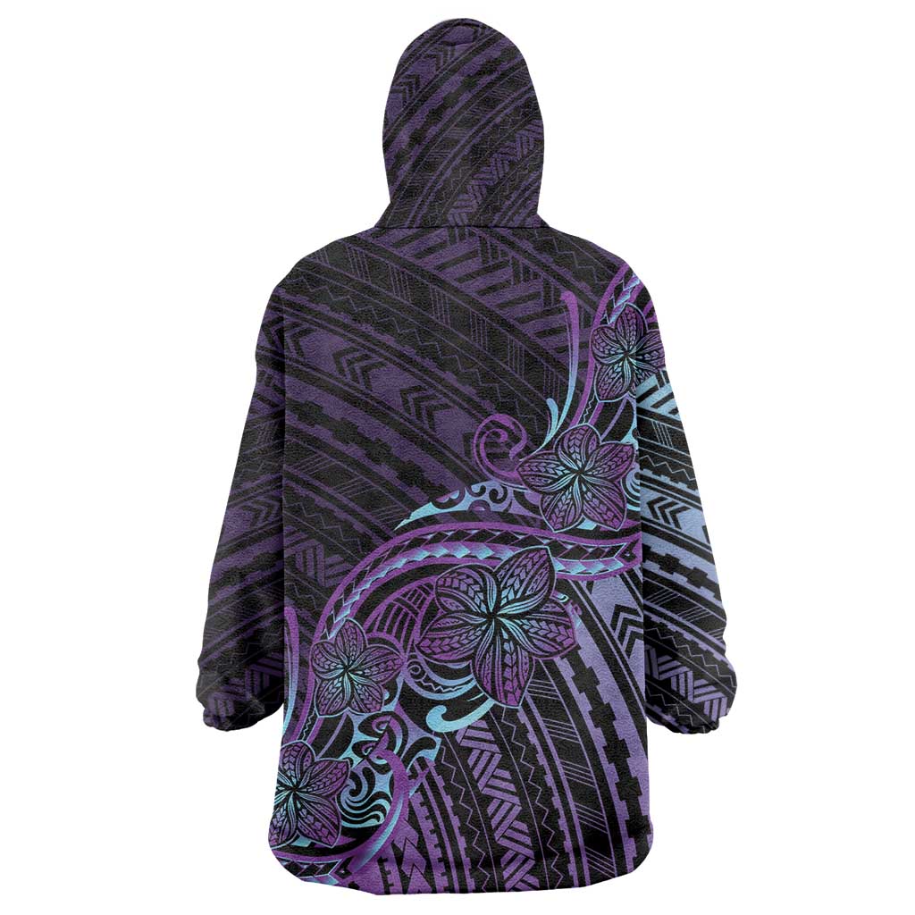 Teal Purple Polynesia Plumeria Tattoo Wearable Blanket Hoodie