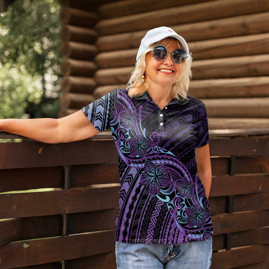 Teal Purple Polynesia Plumeria Tattoo Women Polo Shirt