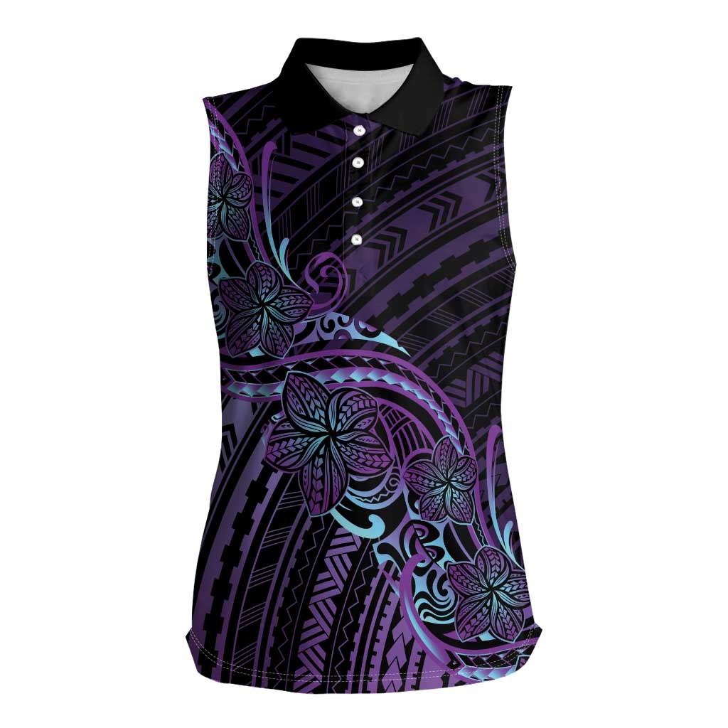 Teal Purple Polynesia Plumeria Tattoo Women Sleeveless Polo Shirt