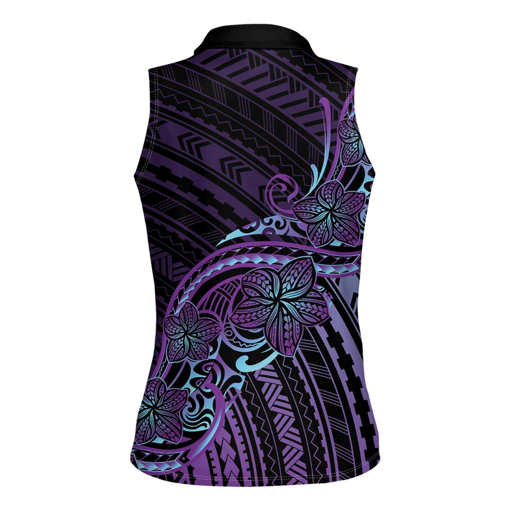 Teal Purple Polynesia Plumeria Tattoo Women Sleeveless Polo Shirt