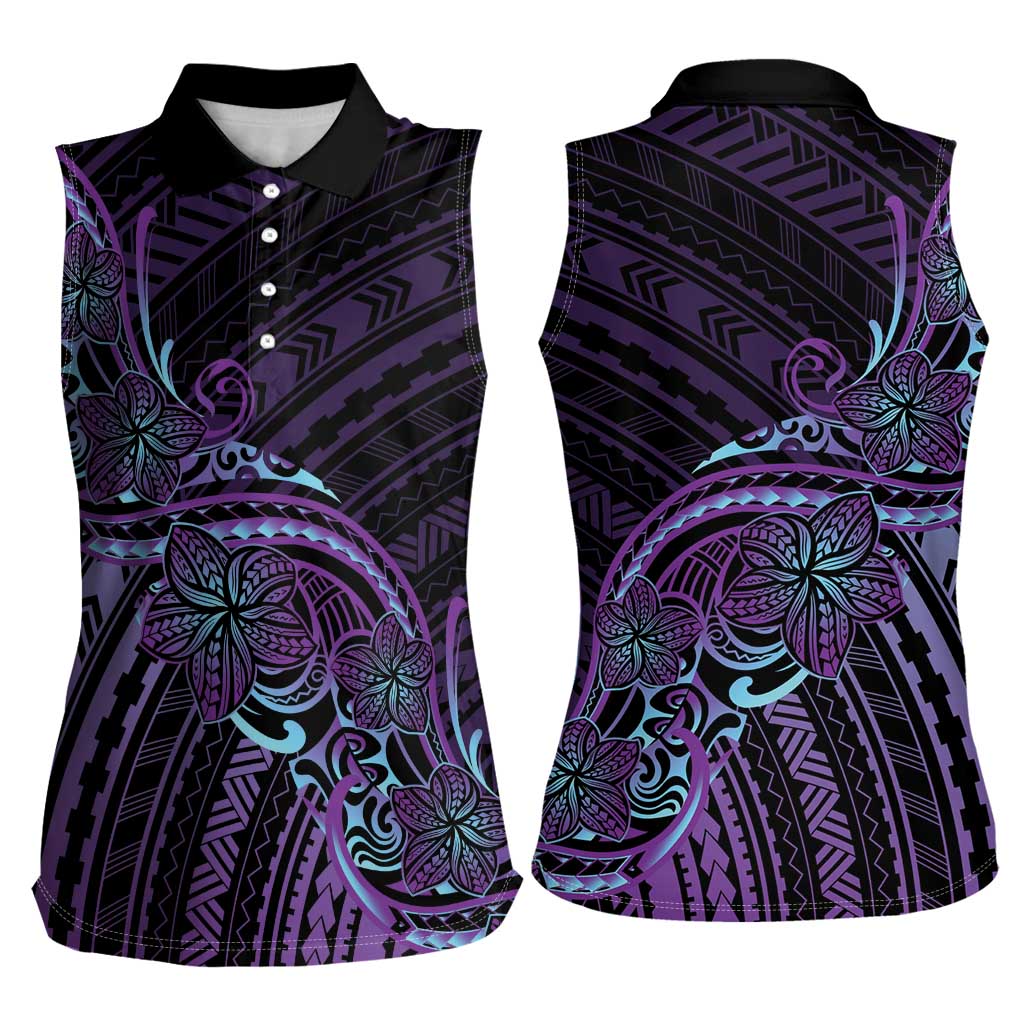 Teal Purple Polynesia Plumeria Tattoo Women Sleeveless Polo Shirt