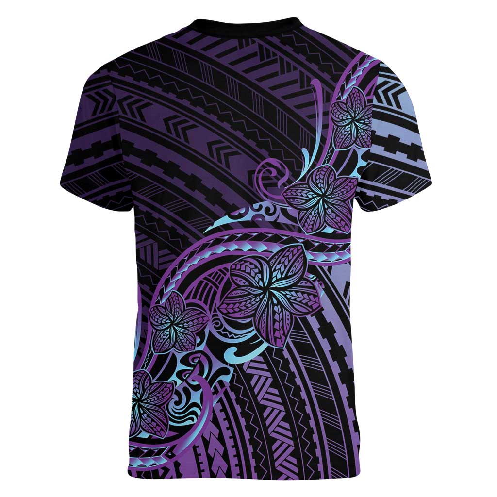 Teal Purple Polynesia Plumeria Tattoo Women V-Neck T-Shirt
