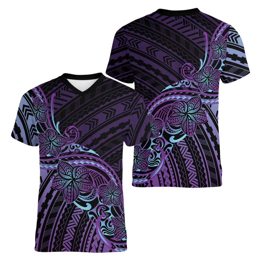 Teal Purple Polynesia Plumeria Tattoo Women V-Neck T-Shirt
