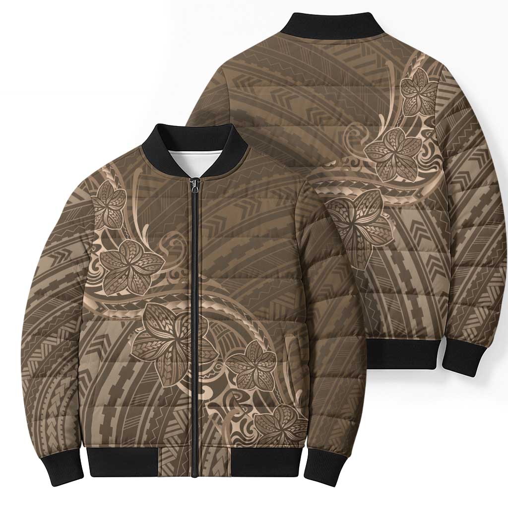 Brown Polynesia Plumeria Tattoo Bomber Puffer Jacket