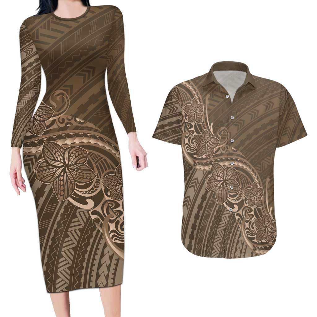 Brown Polynesia Plumeria Tattoo Couples Matching Long Sleeve Bodycon Dress and Hawaiian Shirt