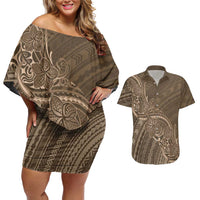 Brown Polynesia Plumeria Tattoo Couples Matching Off Shoulder Short Dress and Hawaiian Shirt