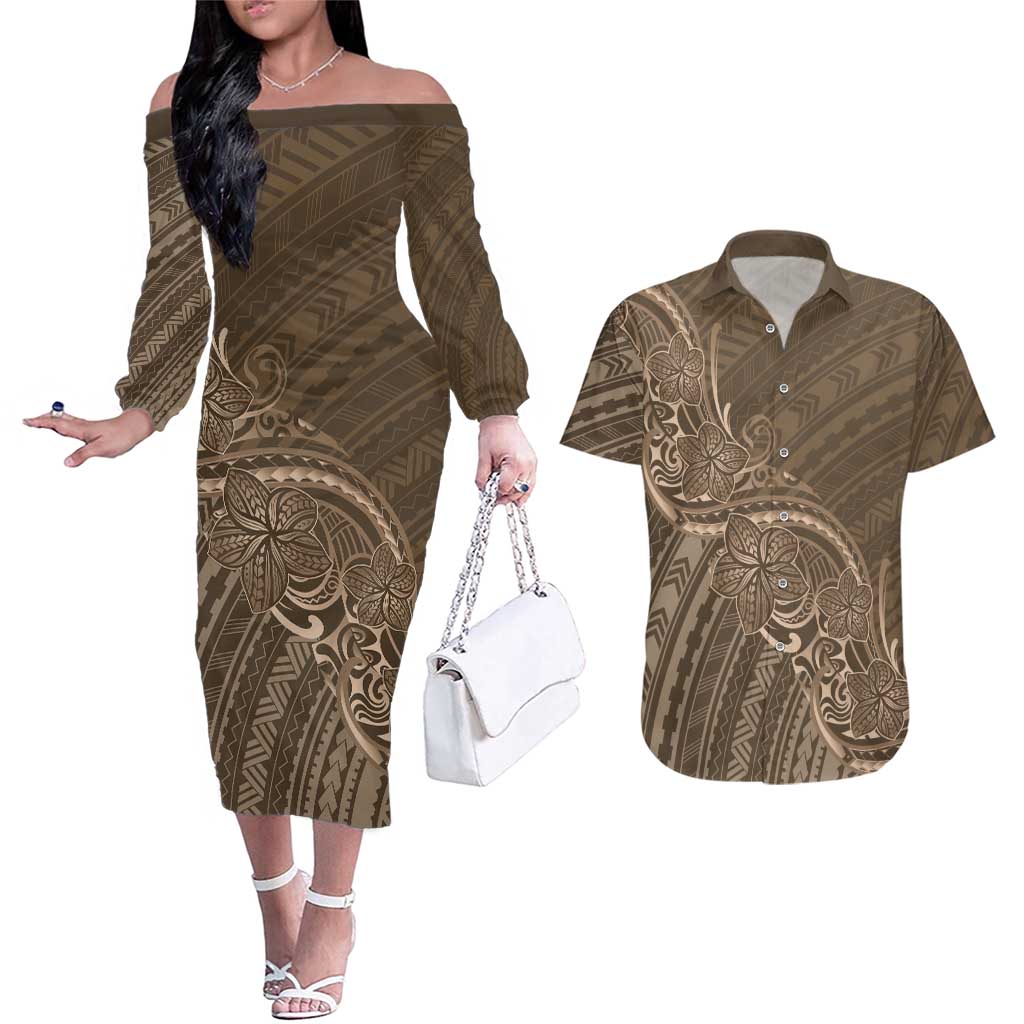 Brown Polynesia Plumeria Tattoo Couples Matching Off The Shoulder Long Sleeve Dress and Hawaiian Shirt LT14 Brown - Polynesian Pride