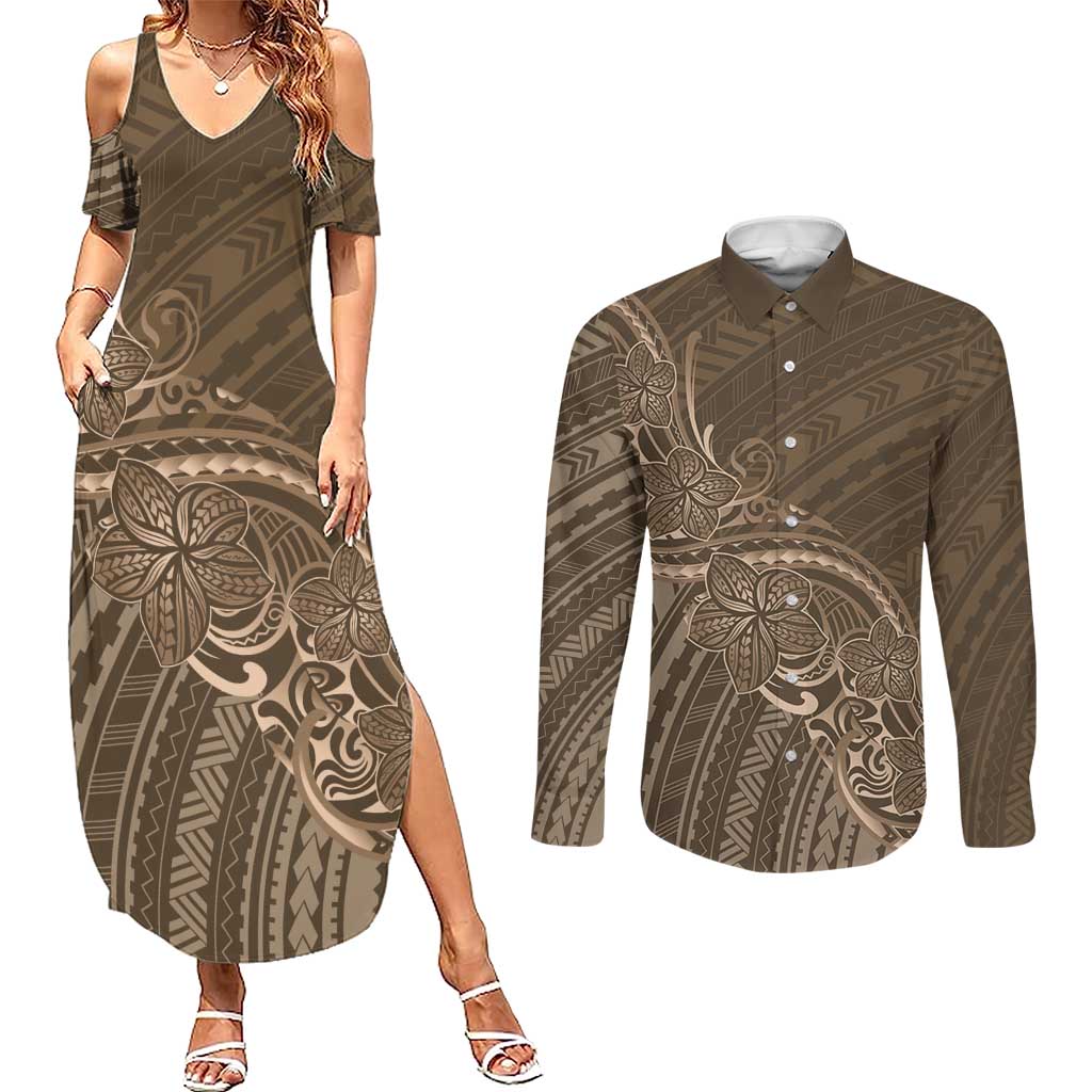 Brown Polynesia Plumeria Tattoo Couples Matching Summer Maxi Dress and Long Sleeve Button Shirt
