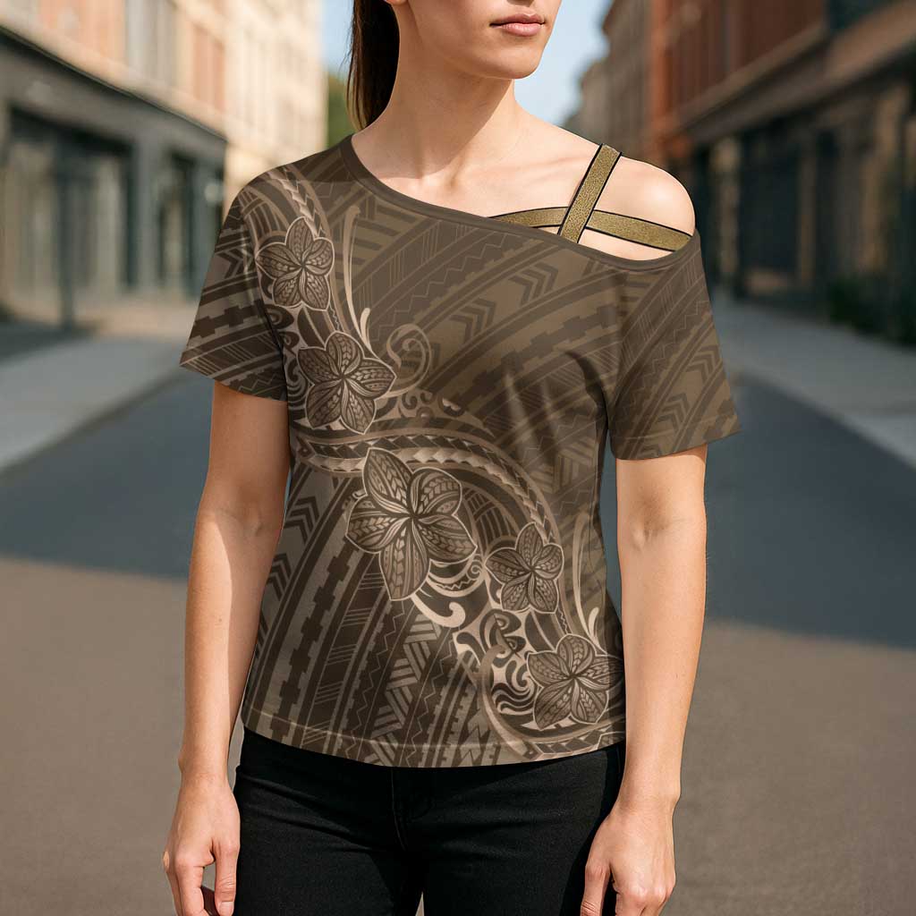 Brown Polynesia Plumeria Tattoo Cross Shoulder Shirt