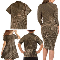 Brown Polynesia Plumeria Tattoo Family Matching Long Sleeve Bodycon Dress and Hawaiian Shirt