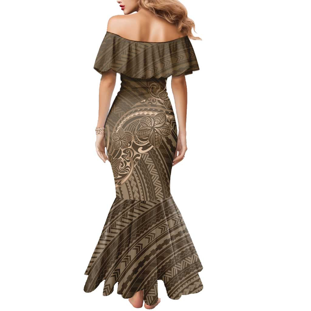 Brown Polynesia Plumeria Tattoo Family Matching Mermaid Dress and Hawaiian Shirt