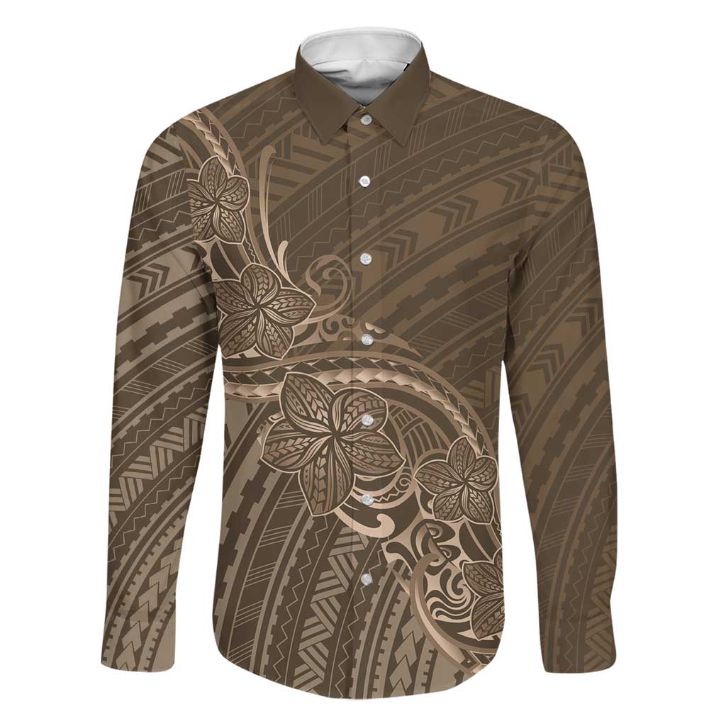 Brown Polynesia Plumeria Tattoo Family Matching Off The Shoulder Long Sleeve Dress and Hawaiian Shirt LT14 Dad's Shirt - Long Sleeve Brown - Polynesian Pride
