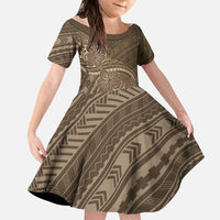 Brown Polynesia Plumeria Tattoo Family Matching Off Shoulder Maxi Dress and Hawaiian Shirt