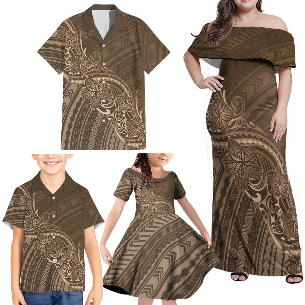 Brown Polynesia Plumeria Tattoo Family Matching Off Shoulder Maxi Dress and Hawaiian Shirt