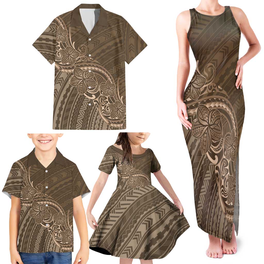 Brown Polynesia Plumeria Tattoo Family Matching Tank Maxi Dress and Hawaiian Shirt