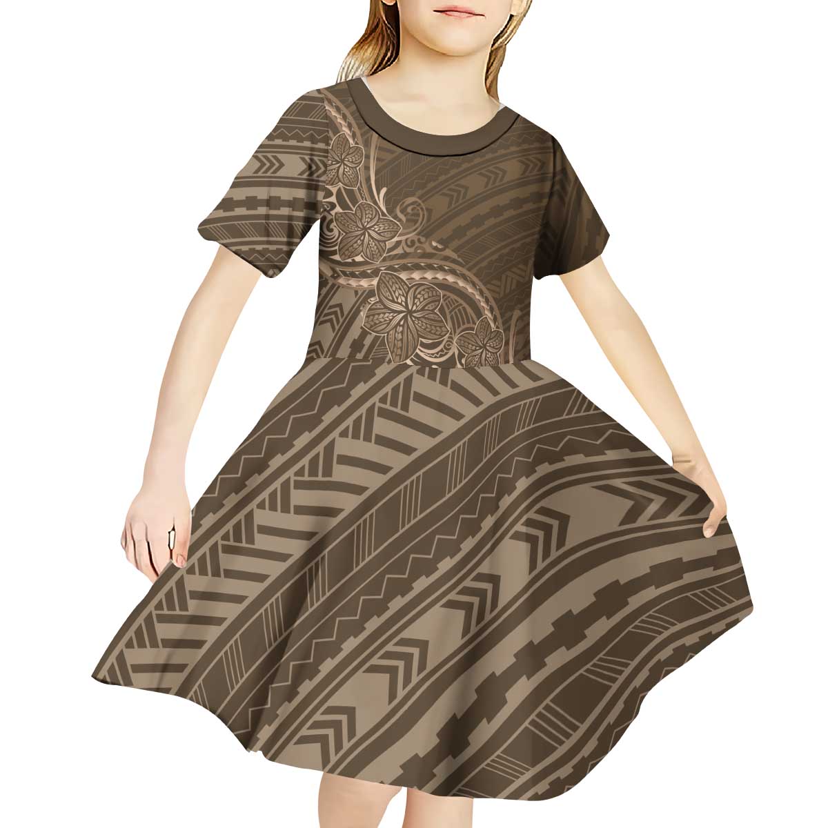 Brown Polynesia Plumeria Tattoo Kid Short Sleeve Dress