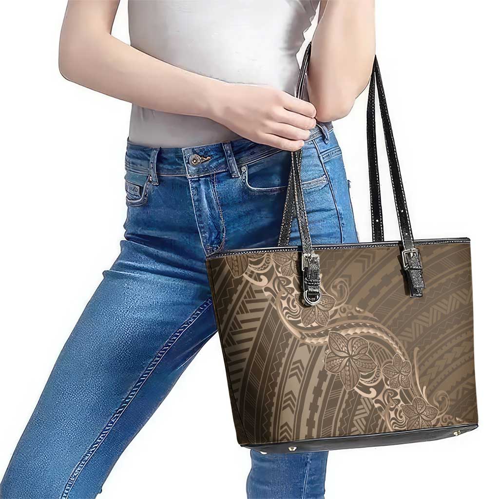 Brown Polynesia Plumeria Tattoo Leather Tote Bag