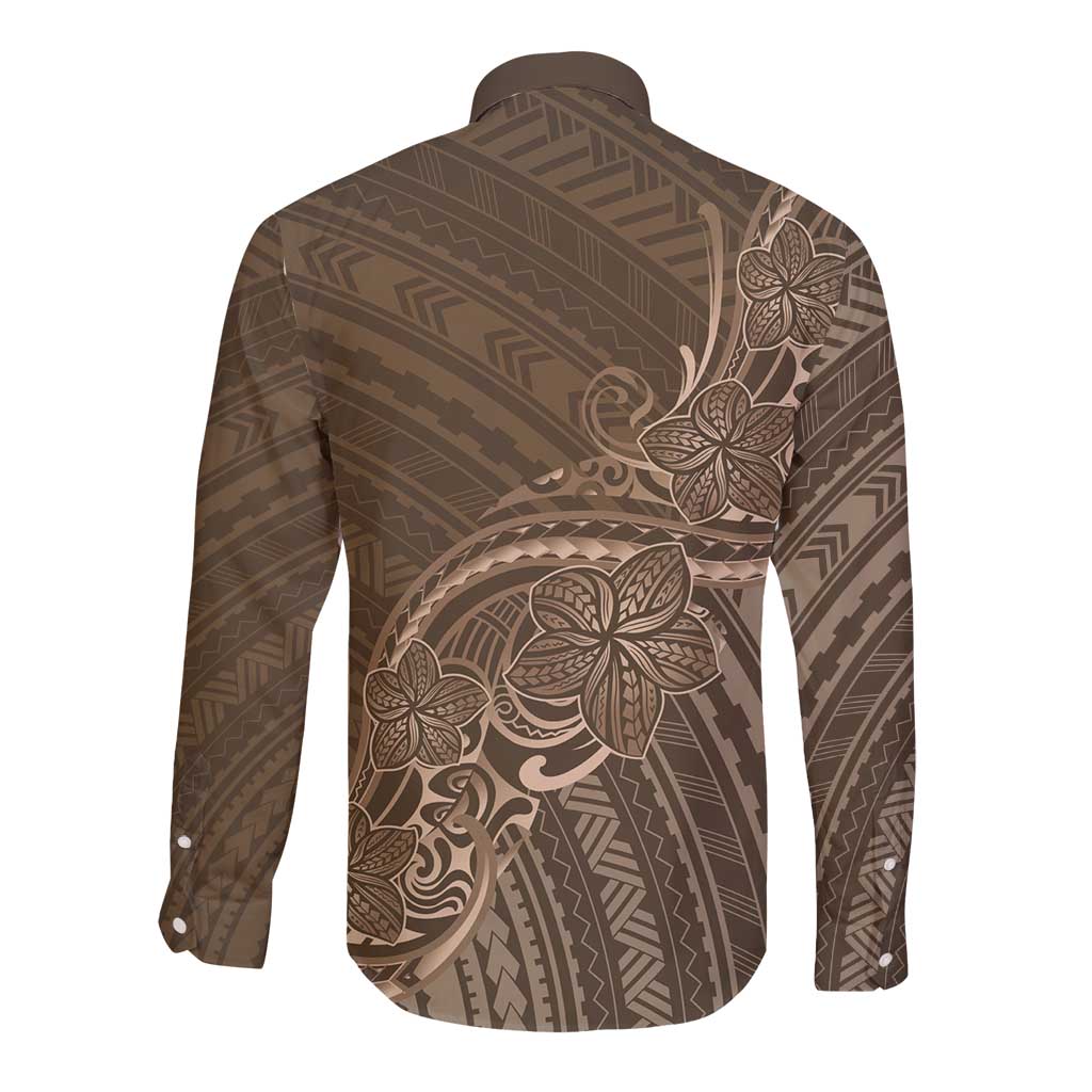 Brown Polynesia Plumeria Tattoo Long Sleeve Button Shirt