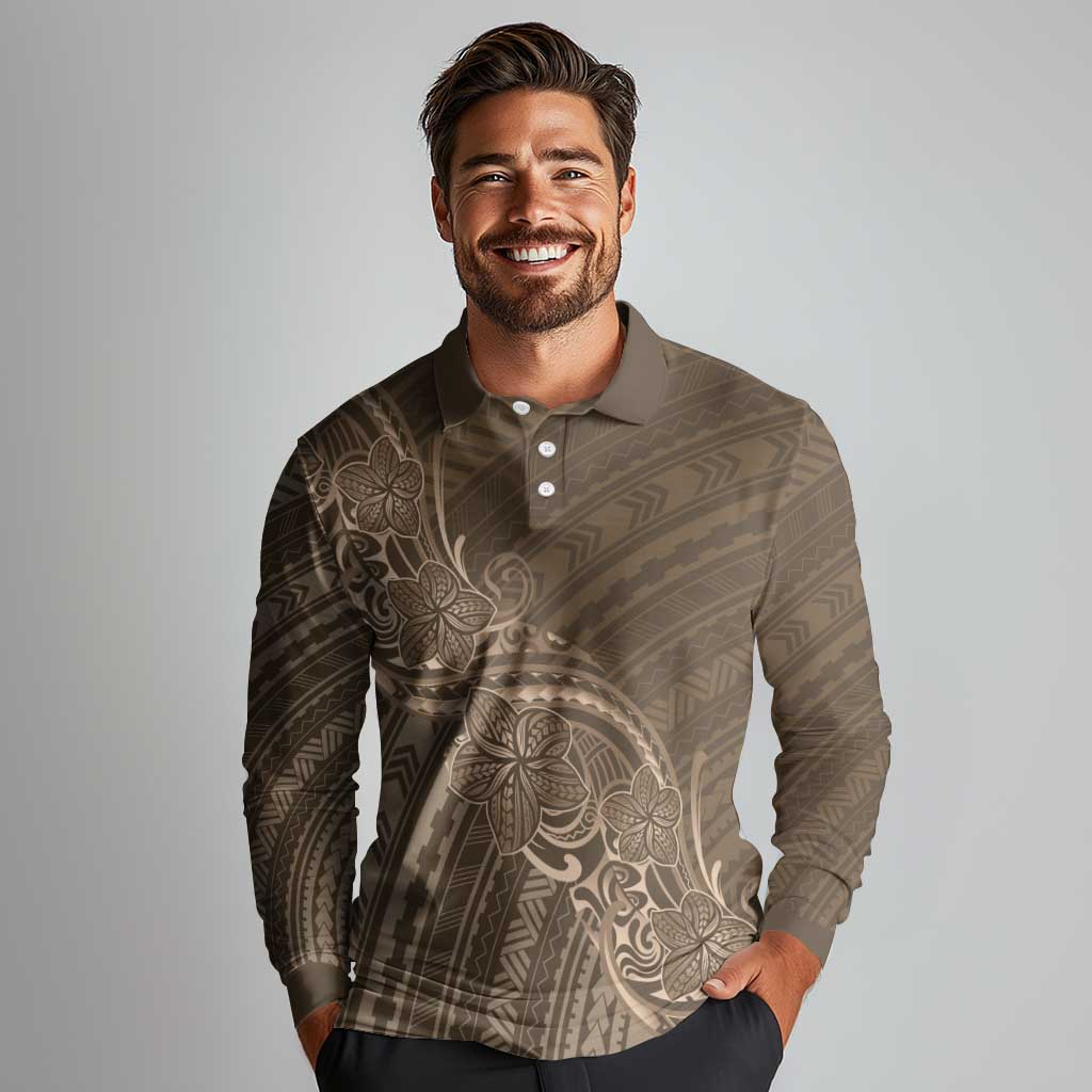 Brown Polynesia Plumeria Tattoo Long Sleeve Polo Shirt