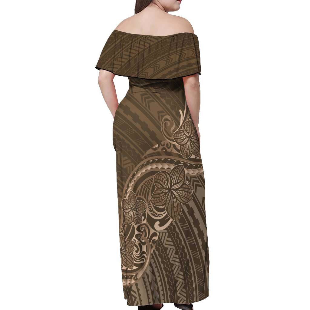 Brown Polynesia Plumeria Tattoo Off Shoulder Maxi Dress