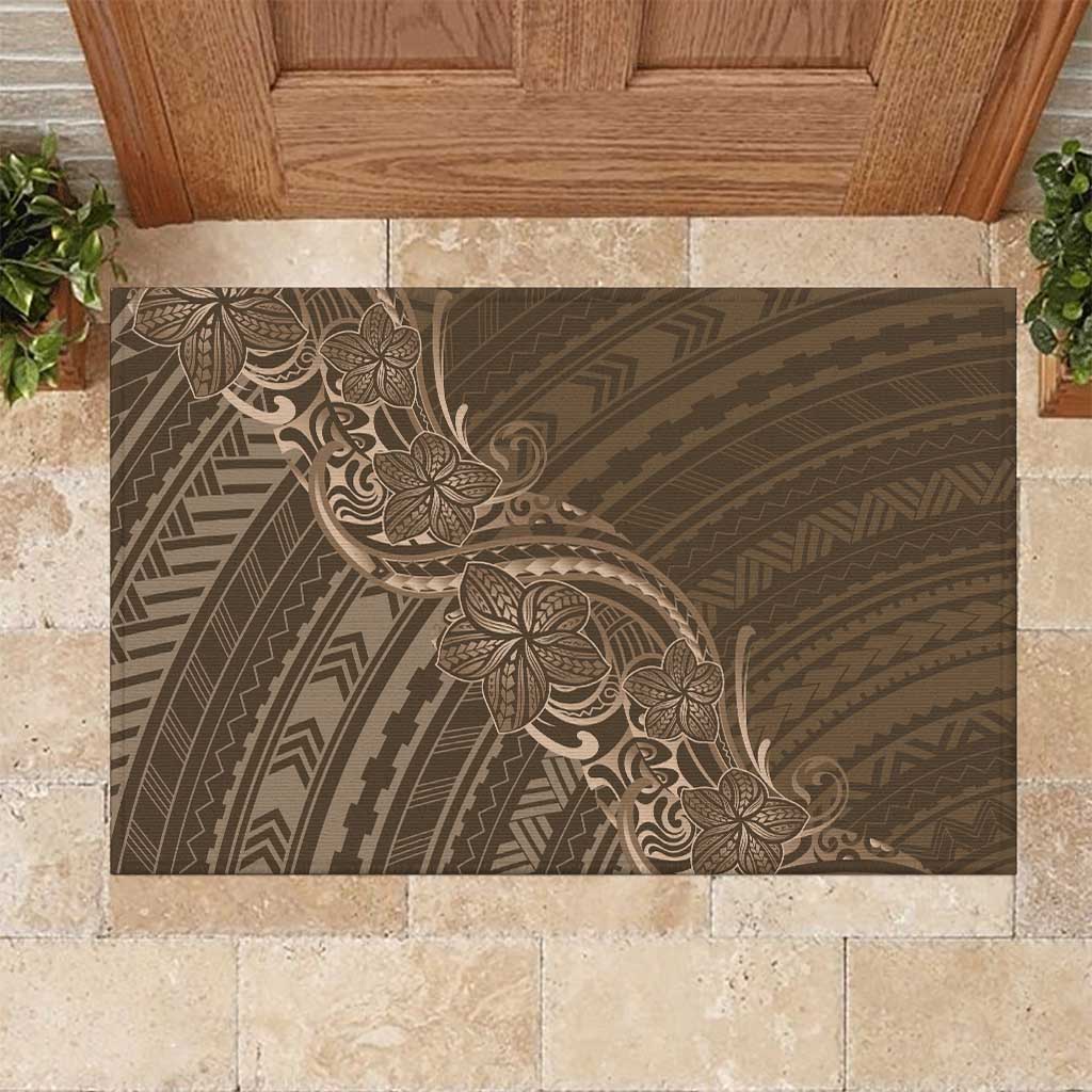 Brown Polynesia Plumeria Tattoo Rubber Doormat