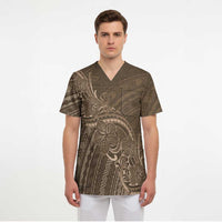 Brown Polynesia Plumeria Tattoo Scrub Top