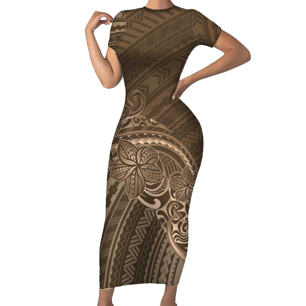 Brown Polynesia Plumeria Tattoo Short Sleeve Bodycon Dress LT14 Long Dress Brown - Polynesian Pride
