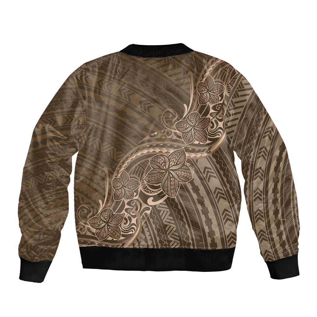 Brown Polynesia Plumeria Tattoo Sleeve Zip Bomber Jacket