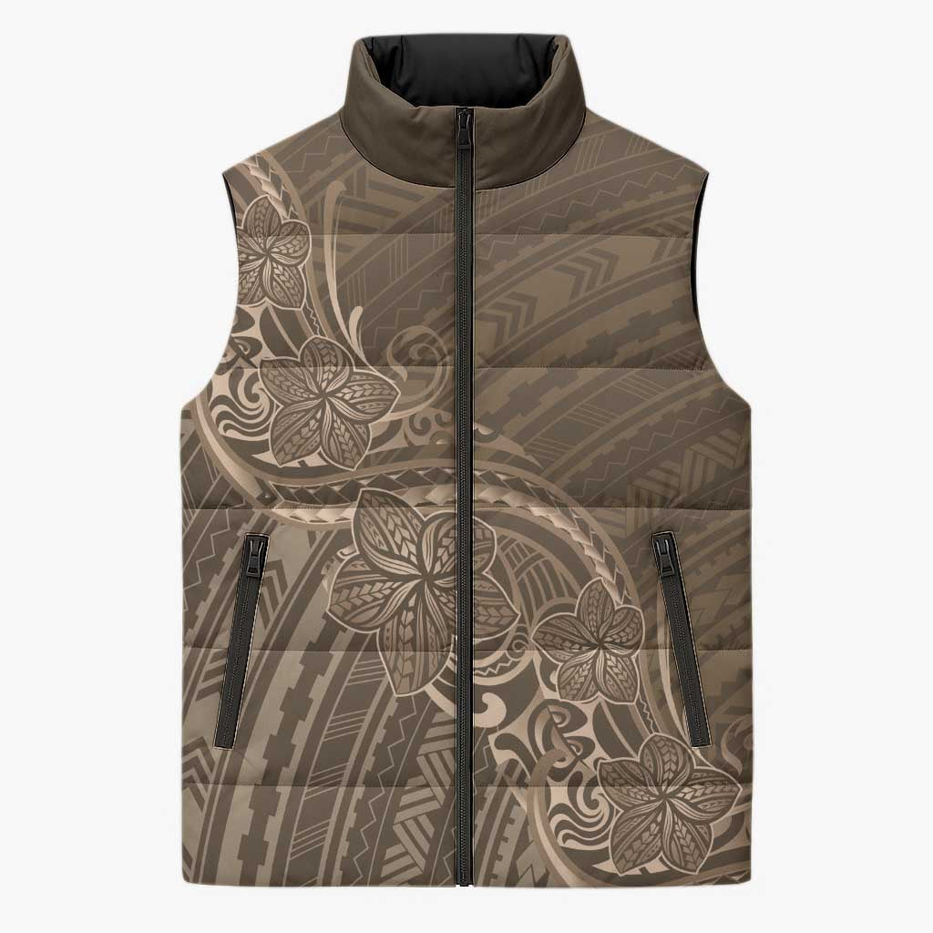 Brown Polynesia Plumeria Tattoo Sleeveless Puffer Jacket
