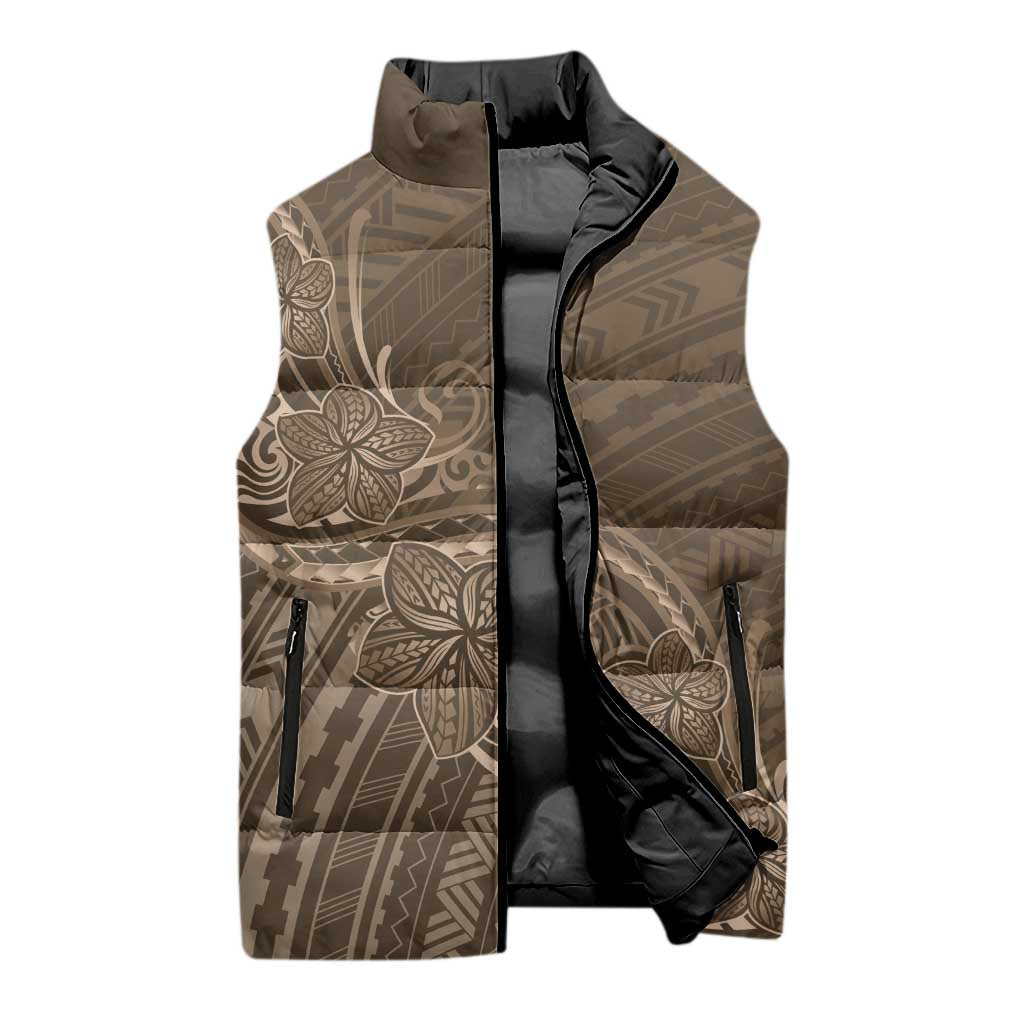 Brown Polynesia Plumeria Tattoo Sleeveless Puffer Jacket