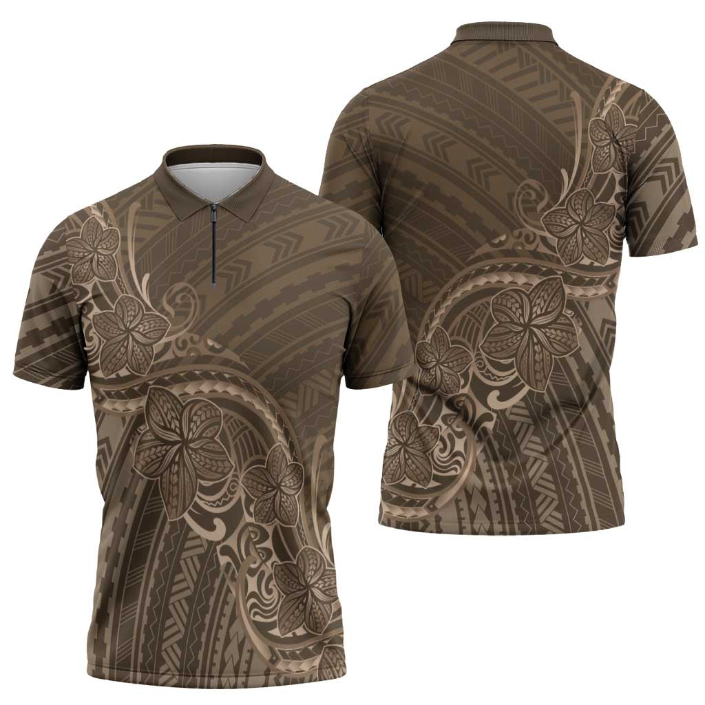 Brown Polynesia Plumeria Tattoo Zipper Polo Shirt