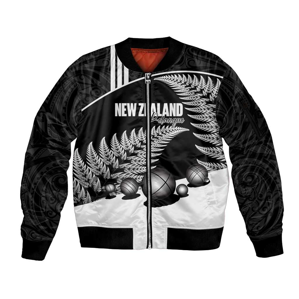 Custom New Zealand Silver Fern Petanque Sleeve Zip Bomber Jacket Aotearoa Maori Pattern LT14 Unisex Black - Polynesian Pride