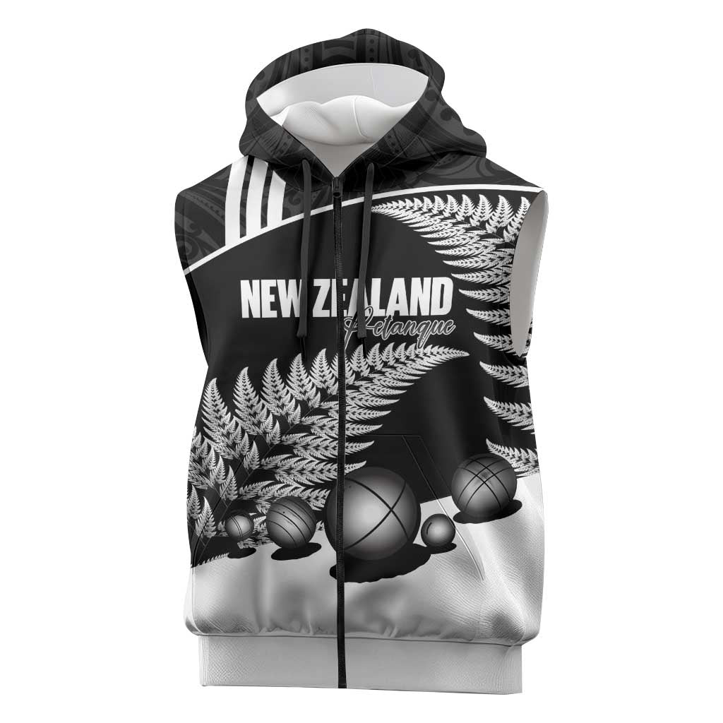 Custom New Zealand Silver Fern Petanque Sleeveless Zip Hoodie Aotearoa Maori Pattern LT14 Black - Polynesian Pride