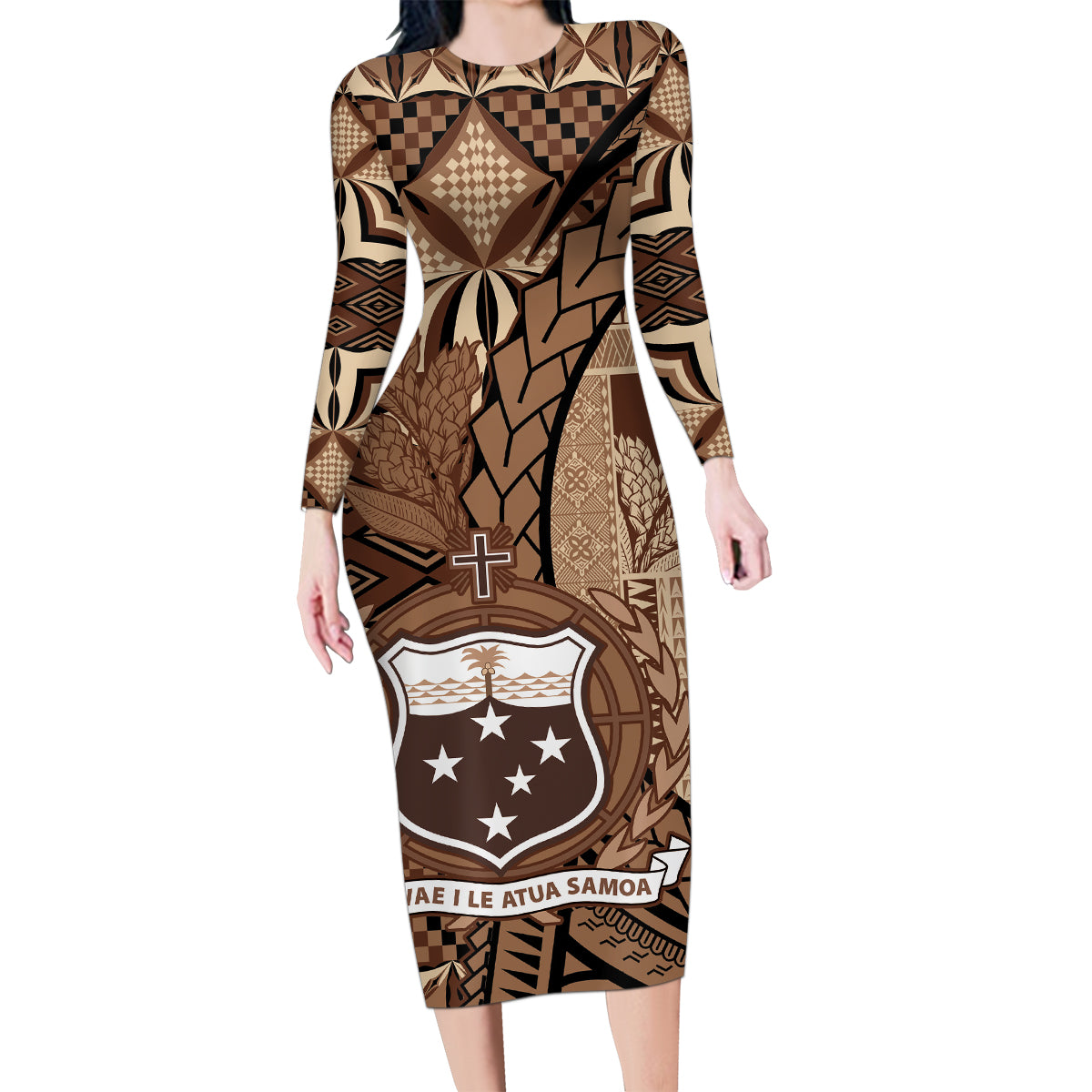 Samoa Siapo Family Matching Long Sleeve Bodycon Dress and Hawaiian Shirt Happy Independence Day Vintage Vibes LT14 Mom's Dress Brown - Polynesian Pride