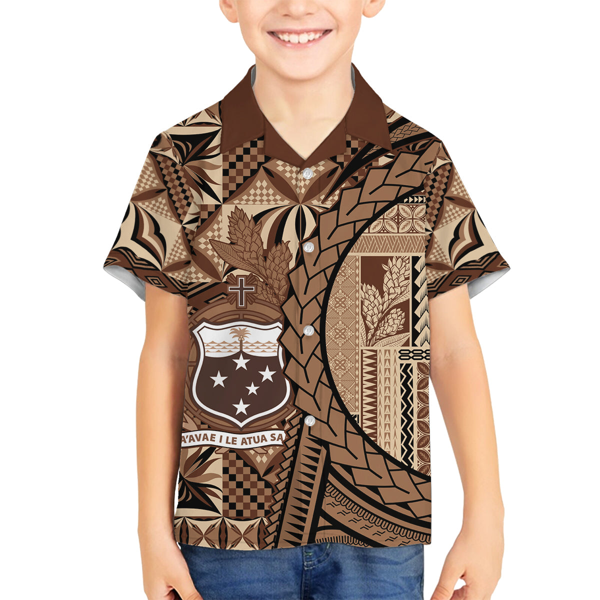 Samoa Siapo Family Matching Long Sleeve Bodycon Dress and Hawaiian Shirt Happy Independence Day Vintage Vibes LT14 Son's Shirt Brown - Polynesian Pride