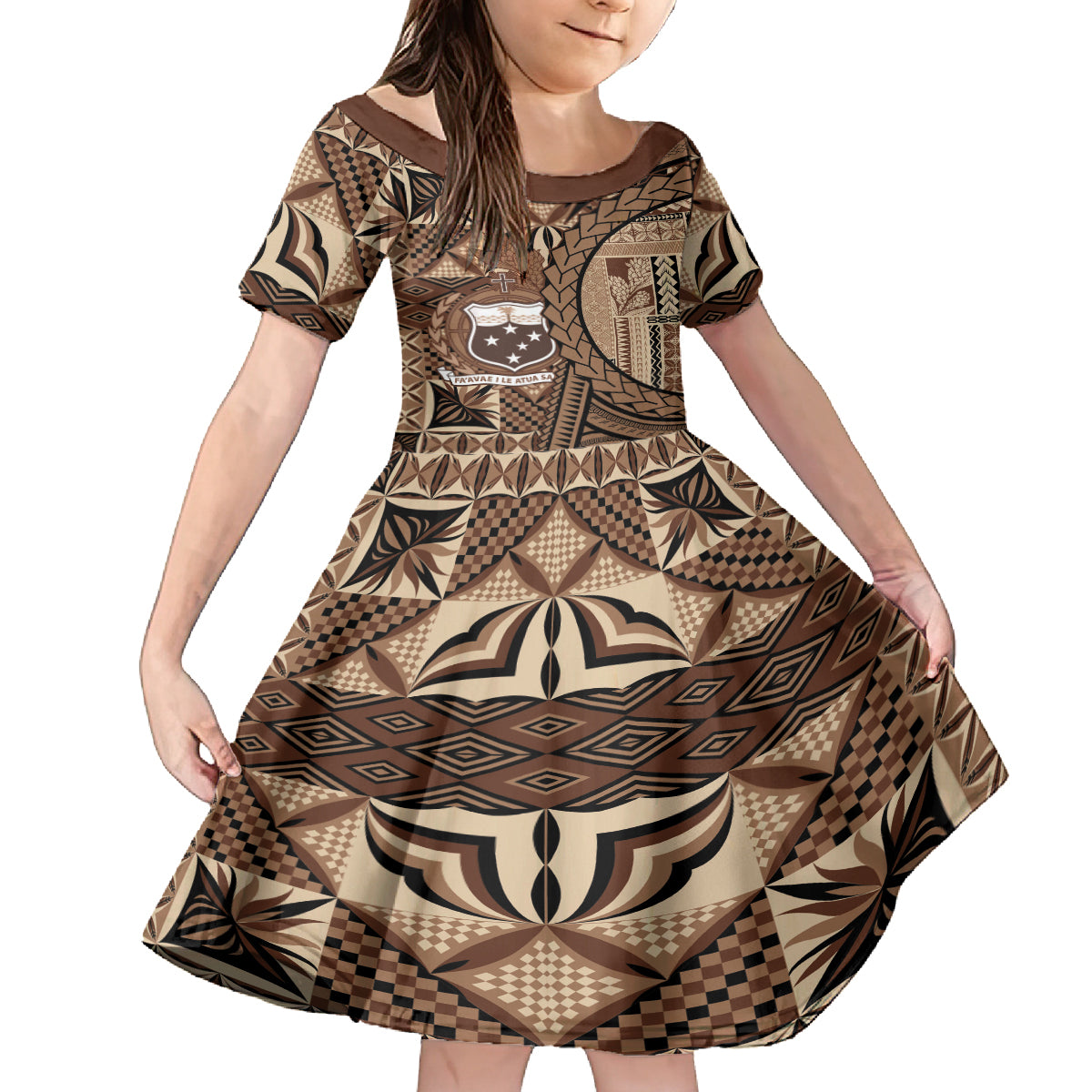Samoa Siapo Family Matching Off The Shoulder Long Sleeve Dress and Hawaiian Shirt Happy Independence Day Vintage Vibes LT14 Daughter's Dress Brown - Polynesian Pride