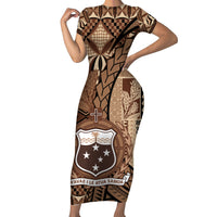 Samoa Siapo Short Sleeve Bodycon Dress Happy Independence Day Vintage Vibes LT14 Long Dress Brown - Polynesian Pride