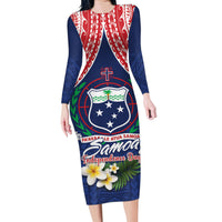 Samoan Independence Day Family Matching Long Sleeve Bodycon Dress and Hawaiian Shirt Manuia Le Tutoatasi O Samoa LT14 Mom's Dress Blue - Polynesian Pride