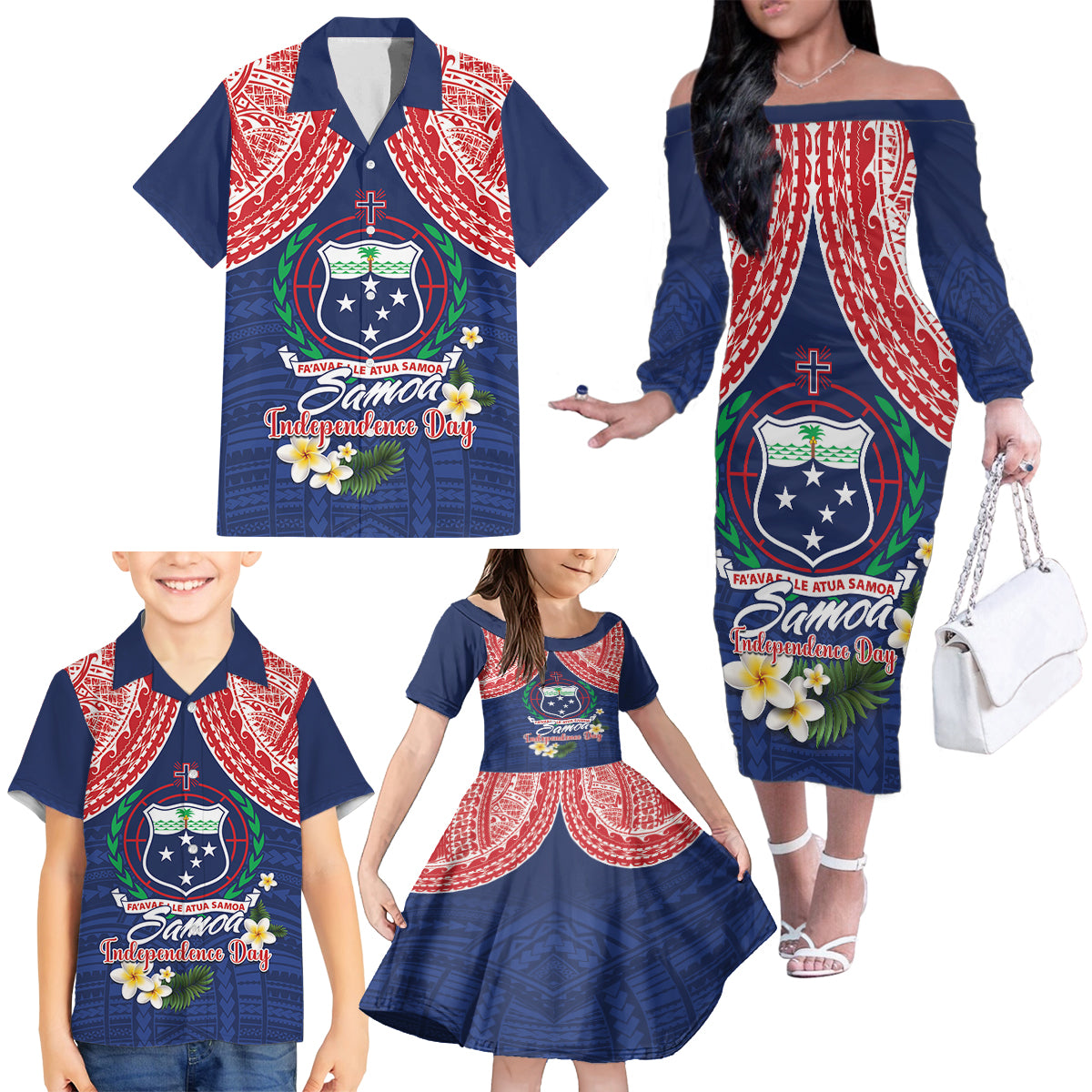 Samoan Independence Day Family Matching Off The Shoulder Long Sleeve Dress and Hawaiian Shirt Manuia Le Tutoatasi O Samoa LT14 - Polynesian Pride