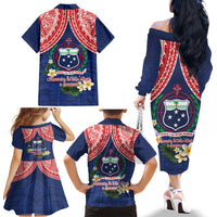 Samoan Independence Day Family Matching Off The Shoulder Long Sleeve Dress and Hawaiian Shirt Manuia Le Tutoatasi O Samoa LT14 - Polynesian Pride