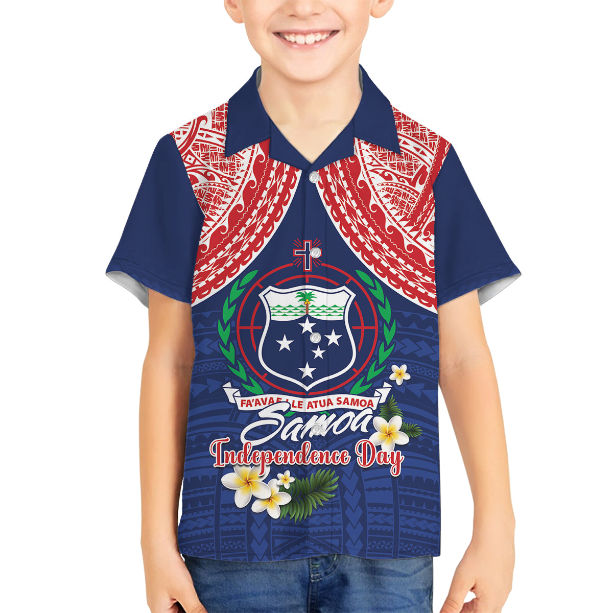 Samoan Independence Day Family Matching Off The Shoulder Long Sleeve Dress and Hawaiian Shirt Manuia Le Tutoatasi O Samoa LT14 Son's Shirt Blue - Polynesian Pride
