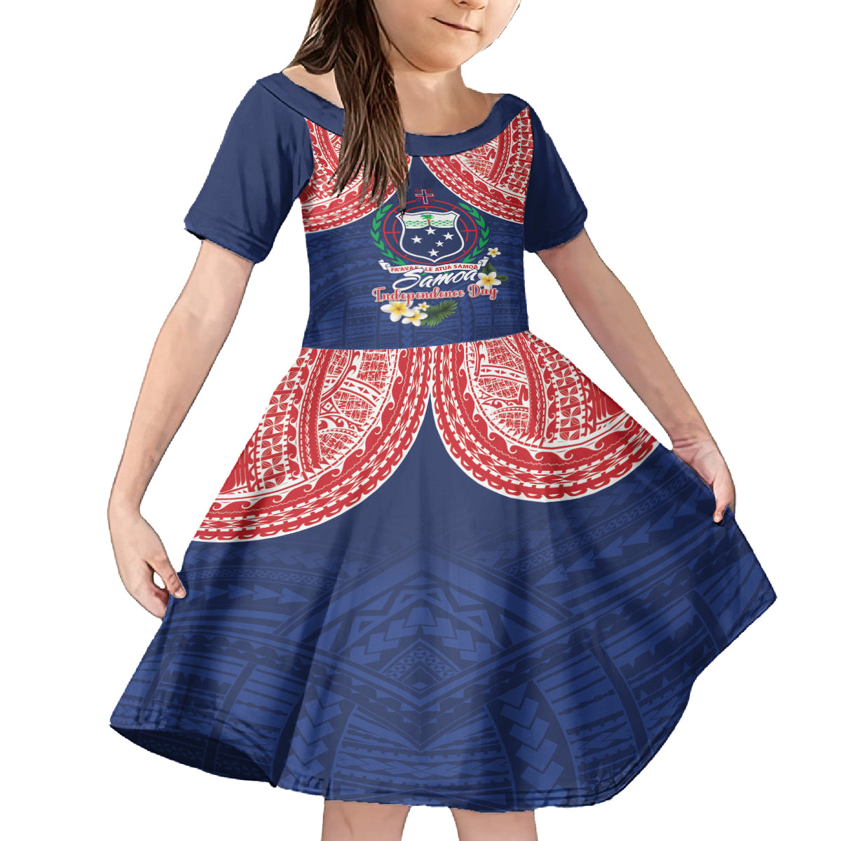 Samoan Independence Day Family Matching Off Shoulder Maxi Dress and Hawaiian Shirt Manuia Le Tutoatasi O Samoa LT14 Daughter's Dress Blue - Polynesian Pride