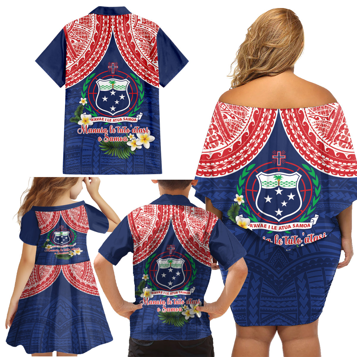 Samoan Independence Day Family Matching Off Shoulder Short Dress and Hawaiian Shirt Manuia Le Tutoatasi O Samoa LT14 - Polynesian Pride