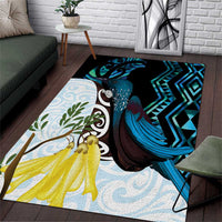 New Zealand Silver Fern Tui Bird Area Rug Maori Kowhai Paua Shell Taniko Motifs LT14 Turquoise - Polynesian Pride