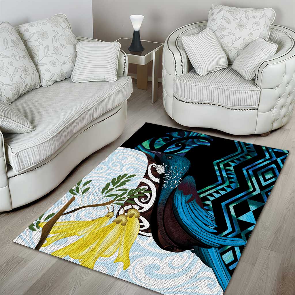 New Zealand Silver Fern Tui Bird Area Rug Maori Kowhai Paua Shell Taniko Motifs LT14 - Polynesian Pride