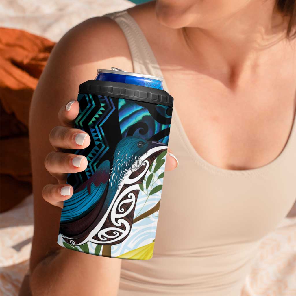 New Zealand Silver Fern Tui Bird 4 in 1 Can Cooler Tumbler Maori Kowhai Paua Shell Taniko Motifs LT14 - Polynesian Pride