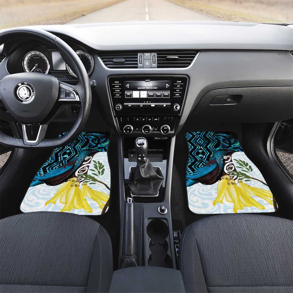 New Zealand Silver Fern Tui Bird Car Mats Maori Kowhai Paua Shell Taniko Motifs LT14 Set 2pcs - Front Turquoise - Polynesian Pride