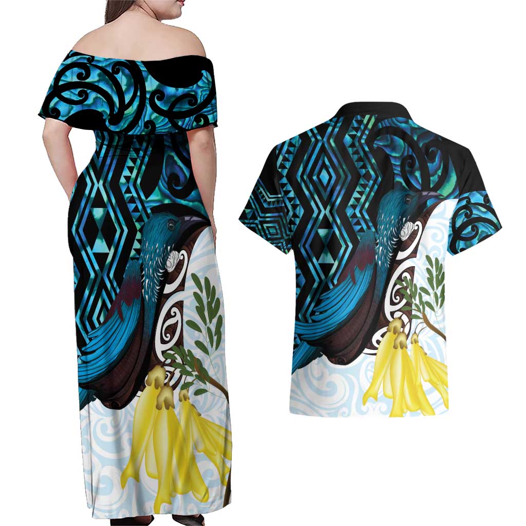 New Zealand Silver Fern Tui Bird Couples Matching Off Shoulder Maxi Dress and Hawaiian Shirt Maori Kowhai Paua Shell Taniko Motifs LT14 - Polynesian Pride