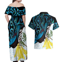 New Zealand Silver Fern Tui Bird Couples Matching Off Shoulder Maxi Dress and Hawaiian Shirt Maori Kowhai Paua Shell Taniko Motifs LT14 - Polynesian Pride