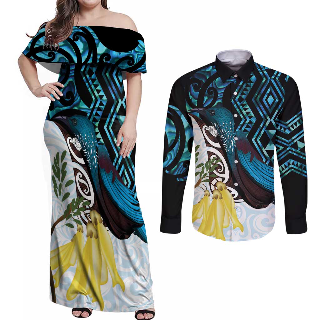 New Zealand Silver Fern Tui Bird Couples Matching Off Shoulder Maxi Dress and Long Sleeve Button Shirt Maori Kowhai Paua Shell Taniko Motifs LT14 Turquoise - Polynesian Pride